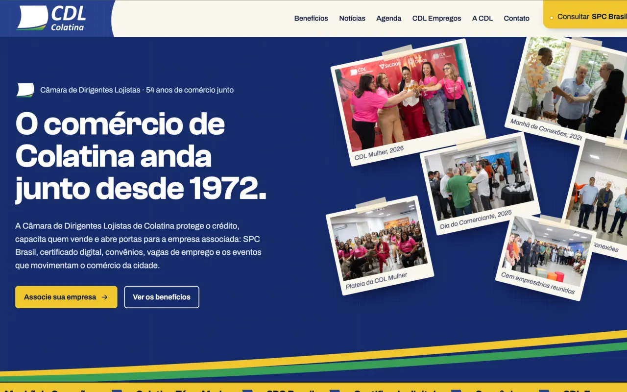 Site da CDL Colatina com colagem de fotos dos eventos e o título O comércio de Colatina anda junto desde 1972