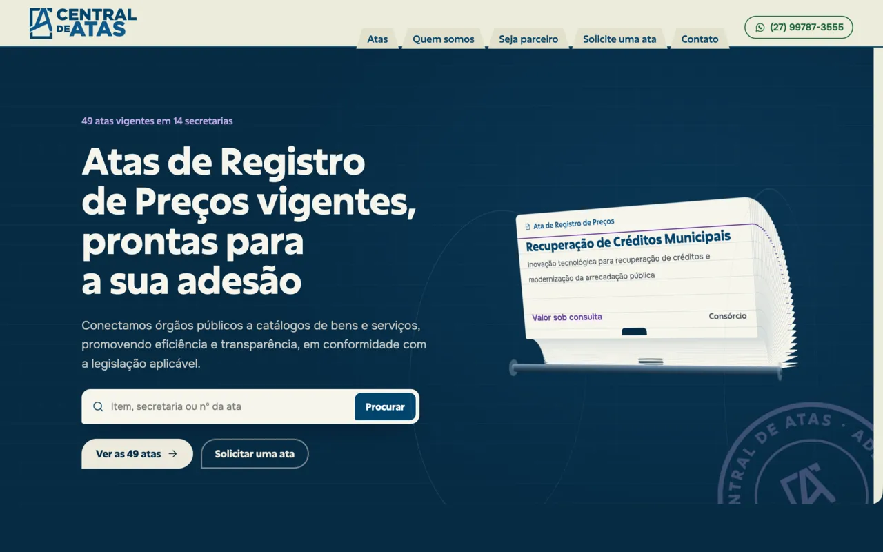 Site da Central de Atas com o fichário de atas em 3D e o título Atas de Registro de Preços vigentes, prontas para a sua adesão