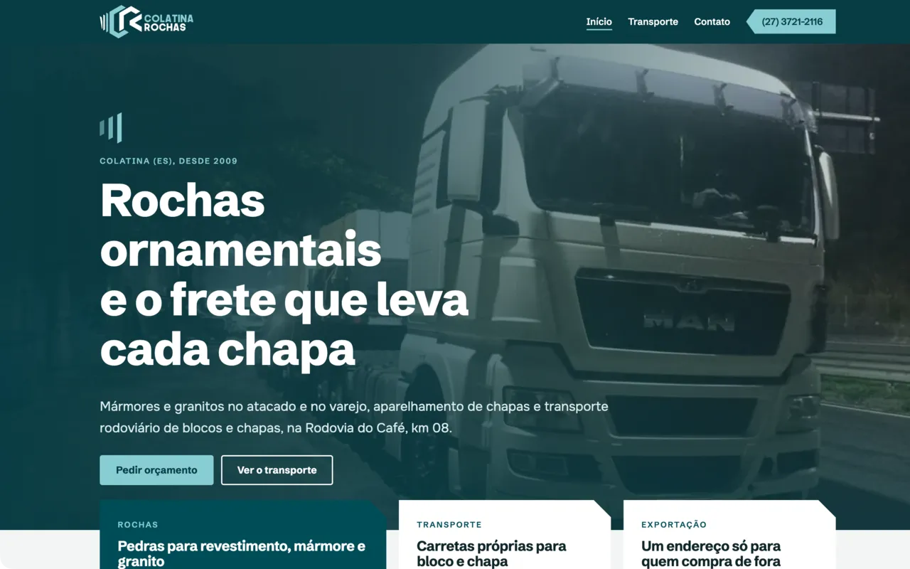 Site da Colatina Rochas com uma carreta da frota ao fundo e o título Rochas ornamentais e o frete que leva cada chapa