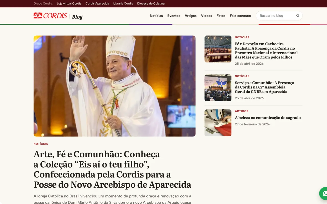 Blog da Cordis com a foto do arcebispo na posse em Aparecida em destaque e as notícias recentes ao lado