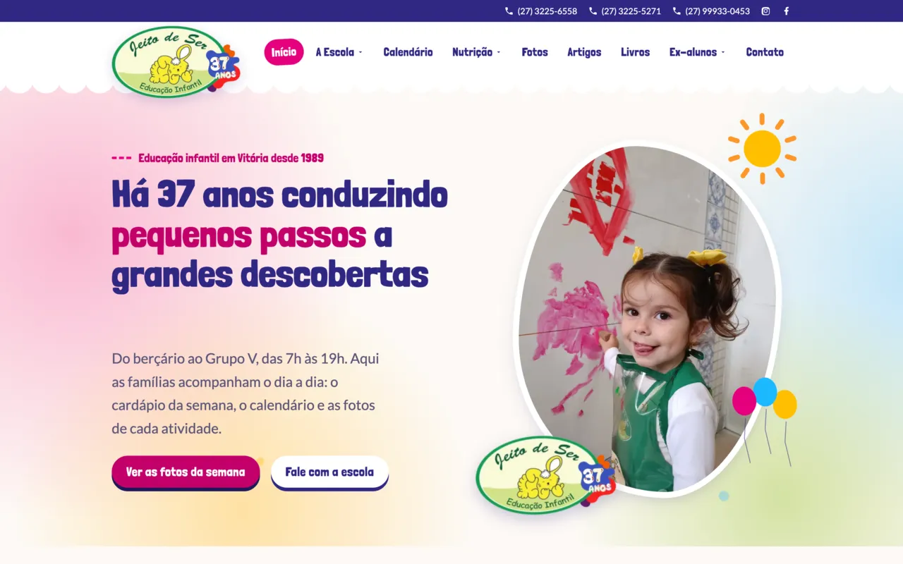 Página inicial da Jeito de Ser Educação Infantil com o selo de 37 anos e a foto de uma menina pintando na parede