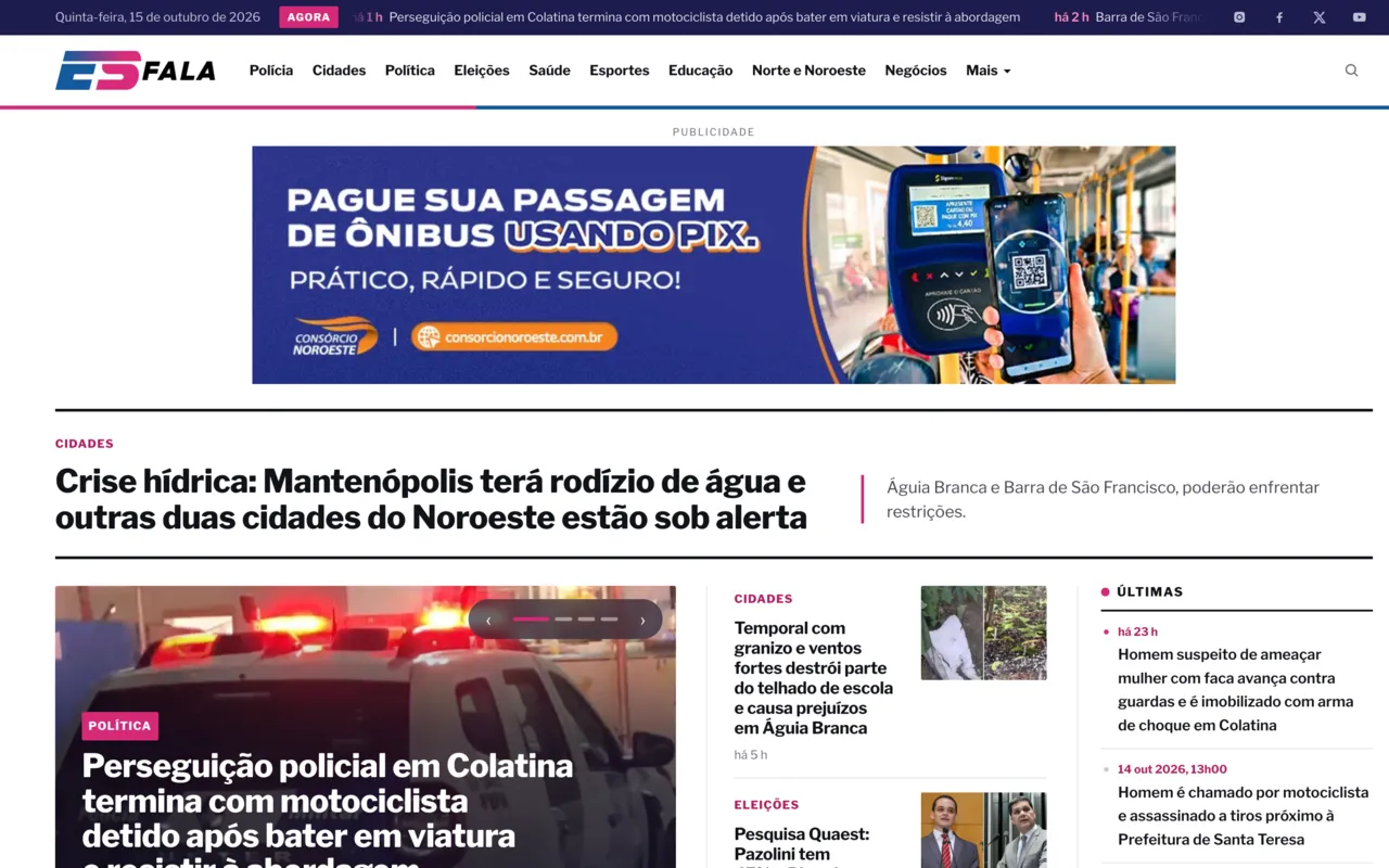 Home do portal ES Fala com o banner do topo, a manchete do dia e o carrossel de destaques