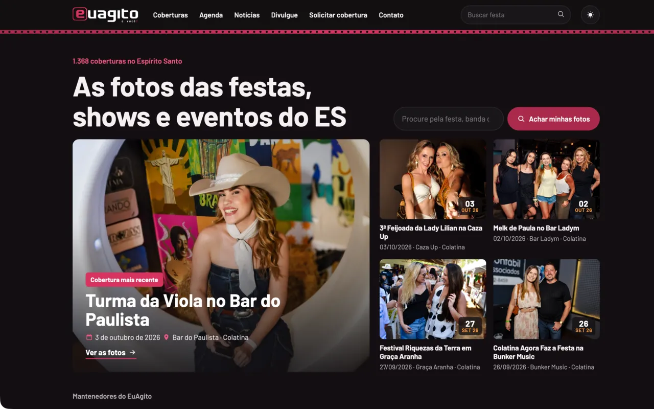 Site do EuAgito com a cobertura mais recente em destaque, as últimas festas com o carimbo de data e a busca Achar minhas fotos