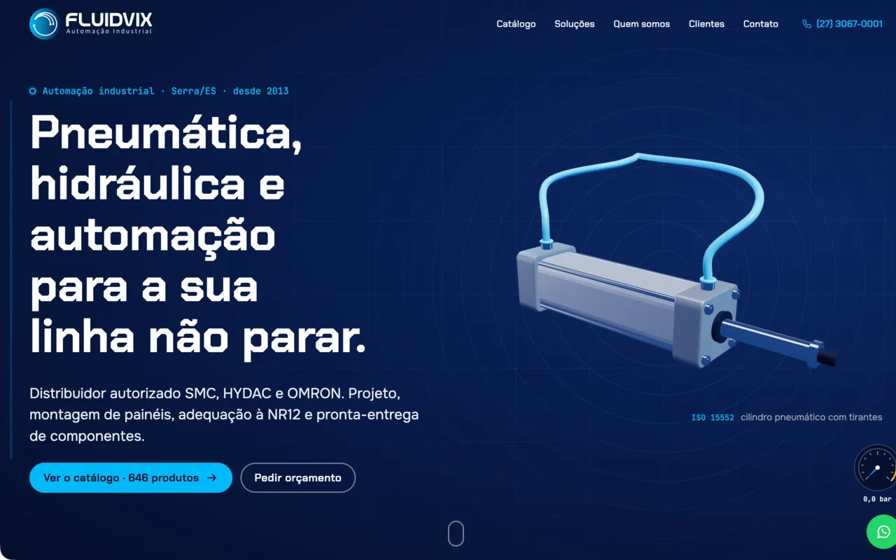 Site da Fluidvix Automação Industrial com um cilindro pneumático em 3D e mangueiras azuis sobre fundo azul-noite