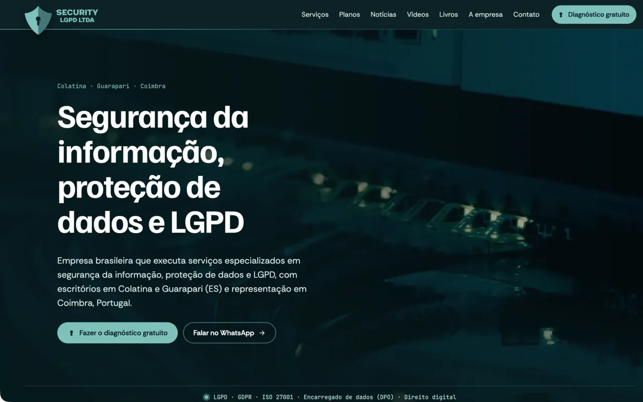 Site da Security LGPD com vídeo de servidores ao fundo e o título Segurança da informação, proteção de dados e LGPD