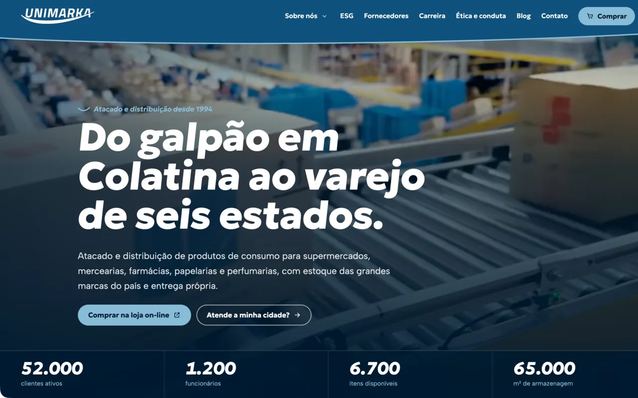 Site da Unimarka com vídeo do centro de distribuição e o título Do galpão em Colatina ao varejo de seis estados
