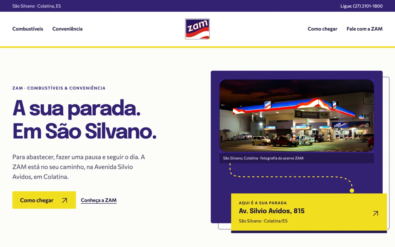 Site da ZAM Combustíveis e Conveniência em Colatina