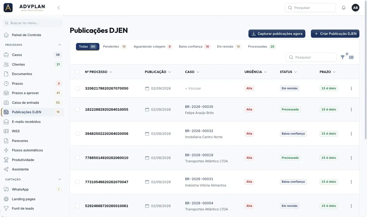 Publicações do DJEN capturadas no AdvPlan, com número do processo, caso vinculado, urgência, status e prazo lido pela IA