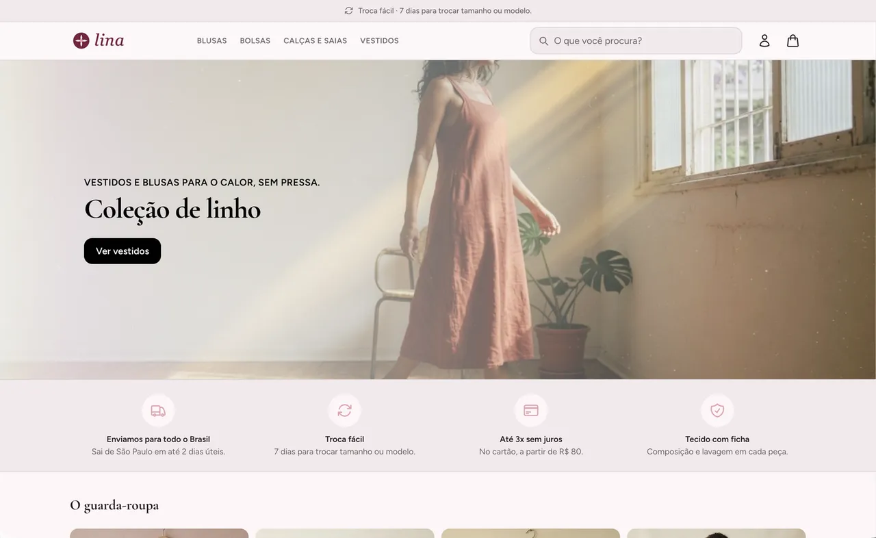 Vitrine da Lina, loja de demonstração de roupa feminina: banner da coleção de linho, busca, categorias e destaques de entrega e troca