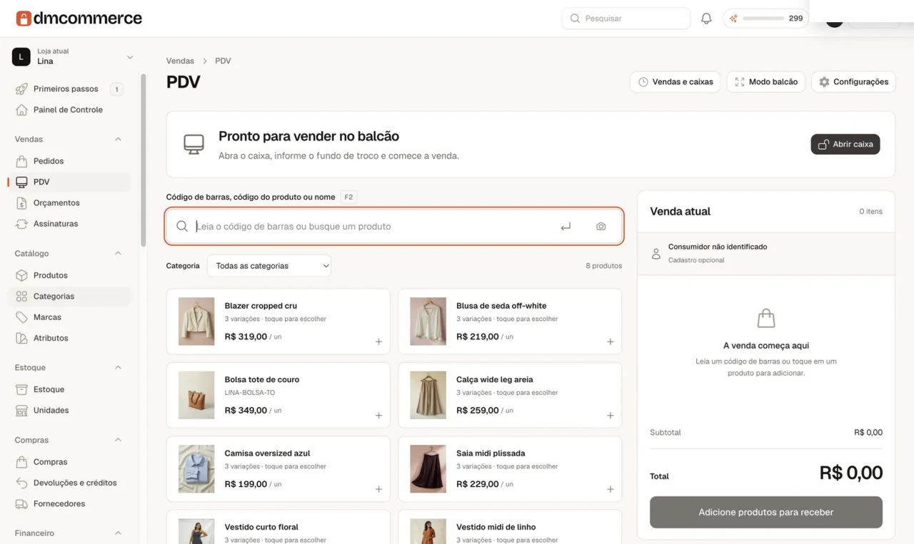 PDV do painel DMCommerce: busca por código de barras, grade de produtos da loja Lina com preço e variações, e a venda atual à direita