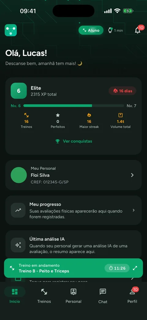 Tela do aluno no Trainer Connect, em modo escuro: nível 6 Elite, 2.315 XP, 16 dias seguidos de treino e um treino em andamento