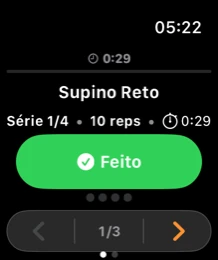 Apple Watch executando o treino: supino reto, série 1 de 4