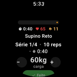 Relógio Wear OS com cronômetro, batimentos e calorias durante o treino