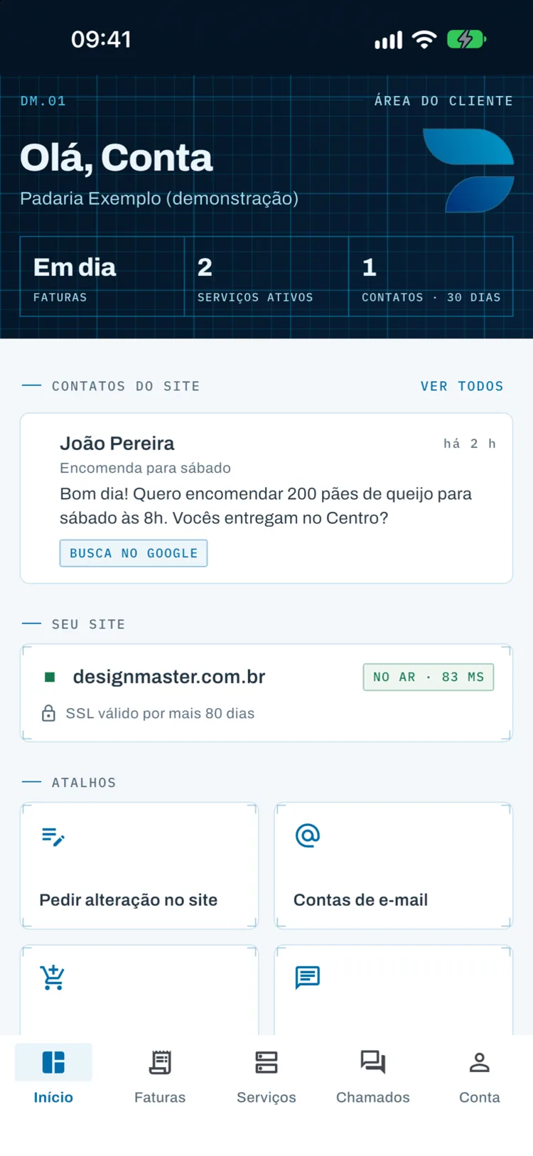 App Design Master, área do cliente com contatos do site, status do site e atalhos